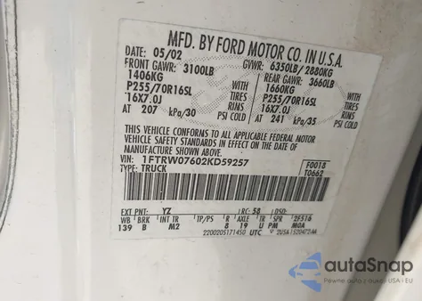 2002 Ford F-150 Lariat/Xlt from USA, damaged, VIN 1FTRW07602KD59257